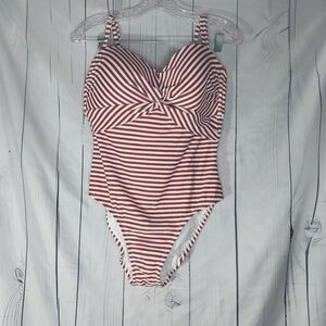 Kona Sol Brown and White Striped One Piece Swimsuit Size L NWT